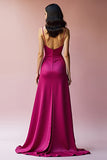 Fuchsia Backless Spaghetti Straps A Line Long Prom Dress with Slit