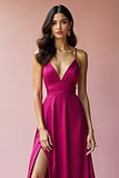 Fuchsia Backless Spaghetti Straps A Line Long Prom Dress with Slit