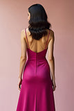 Fuchsia Backless Spaghetti Straps A Line Long Prom Dress with Slit