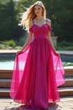 Fuchsia Cold Shoulder A Line Long Prom Dress