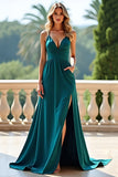 Peacock Green A Line Long Prom Dress with Slit