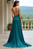 Peacock Green A Line Long Prom Dress with Slit