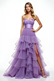 Purple Tiered A Line Strapless Prom Dress with Slit