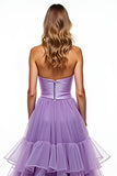 Purple Tiered A Line Strapless Prom Dress with Slit