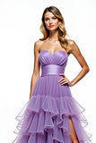 Purple Tiered A Line Strapless Prom Dress with Slit