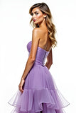 Purple Tiered A Line Strapless Prom Dress with Slit