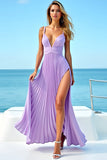 Lilac Open Back Spaghetti Strapless Pleated Long Bridesmaid Dress with Slit