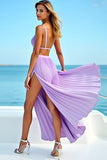 Lilac Open Back Spaghetti Strapless Pleated Long Bridesmaid Dress with Slit