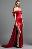 Red Off the Shoulder Satin Long Prom Dress with Slit