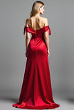 Red Off the Shoulder Satin Long Prom Dress with Slit