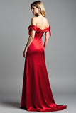 Red Off the Shoulder Satin Long Prom Dress with Slit