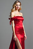 Red Off the Shoulder Satin Long Prom Dress with Slit