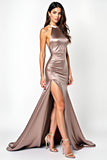 Dusty Rose Mermaid Halter Satin Prom Dress with Slit