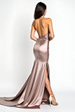 Dusty Rose Mermaid Halter Satin Prom Dress with Slit