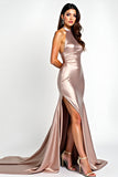 Dusty Rose Mermaid Halter Satin Prom Dress with Slit