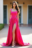 Fuchsia Square Neck A Line Long Prom Dress with Slit