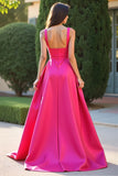 Fuchsia Square Neck A Line Long Prom Dress with Slit