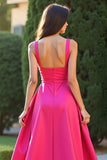 Fuchsia Square Neck A Line Long Prom Dress with Slit