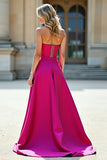 Fuchsia A Line Strapless Prom Dress with Slit