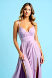 Lilac Open Back Ruched Spaghetti Strapless Long Bridesmaid Dress with Slit