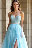 Light Blue Beaded Strapless A Line Long Prom Dress with Slit