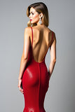 Sparkly Dark Red Mermaid Backless Long Prom Dress