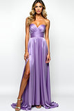 Purple A Line Strapless Prom Dress with Slit