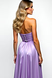 Purple A Line Strapless Prom Dress with Slit