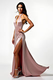 Blush Satin Halter Backless Prom Dress with Side Slit