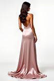 Blush Satin Halter Backless Prom Dress with Side Slit