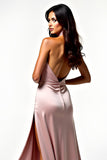 Blush Satin Halter Backless Prom Dress with Side Slit