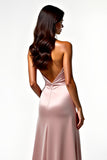 Blush Satin Halter Backless Prom Dress with Side Slit