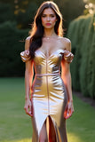 Metallic Rose Golden Off the Shoulder Prom Dress with Front Slit