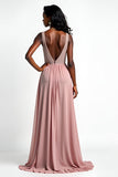 Blush V-Neck Ruched Long Formal Dress with Slit