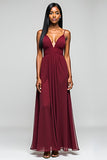 Burgundy Open Back Ruched Spaghetti Strapless Long Bridesmaid Dress