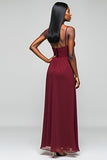 Burgundy Open Back Ruched Spaghetti Strapless Long Bridesmaid Dress