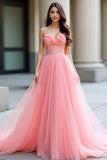 Pink A Line Spaghetti Straps Sequin Corset Prom Dress