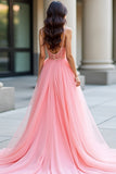 Pink A Line Spaghetti Straps Sequin Corset Prom Dress