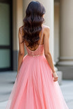 Pink A Line Spaghetti Straps Sequin Corset Prom Dress