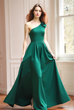 Dark Green One Shoulder A Line Long Bridesmaid Dress