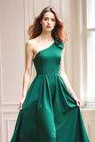 Dark Green One Shoulder A Line Long Bridesmaid Dress