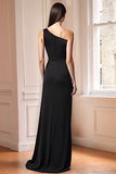 Simple Black One Shoulder Mermaid Bridesmaid Dress with Slit