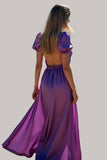 Purple A Line Puff Sleeves Backless Long Bridesmaid Dress