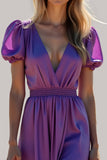 Purple A Line Puff Sleeves Backless Long Bridesmaid Dress