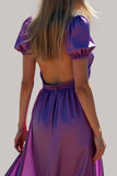 Purple A Line Puff Sleeves Backless Long Bridesmaid Dress