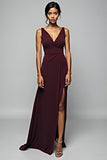 Cabernet Sheath Spaghetti Straps Long Bridesmaid Dress with Slit