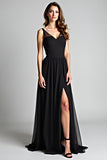 Black Spaghetti Straps A Line Pleated Long Bridesmaid Dress