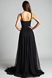 Black Spaghetti Straps A Line Pleated Long Bridesmaid Dress