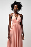 Blush Pink Spaghetti Straps A line Backless Long Bridesmaid Dress