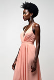 Blush Pink Spaghetti Straps A line Backless Long Bridesmaid Dress